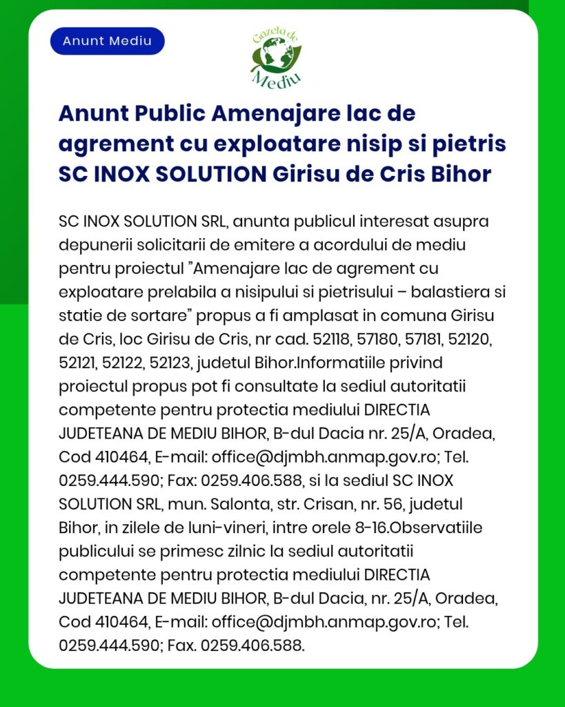 Anunt Public Amenajare lac de agrement cu exploatare nisip si pietris