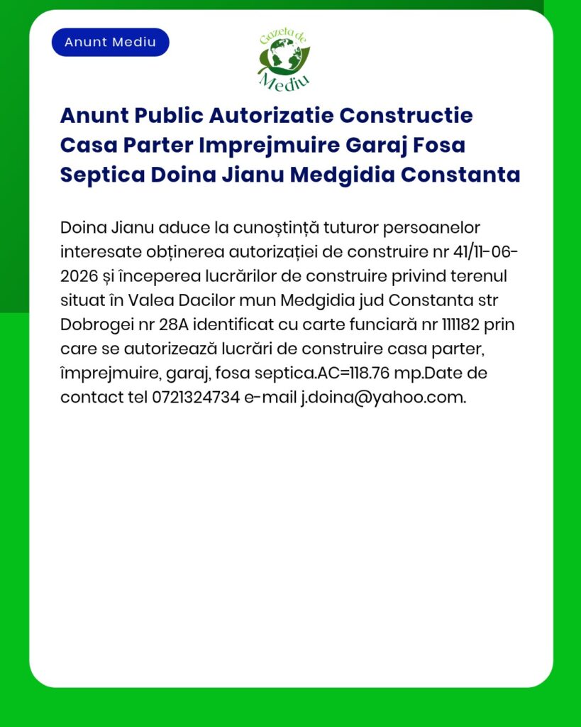 Anunt Public Autorizatie Constructie Casa Parter Imprejmuire Garaj Fos
