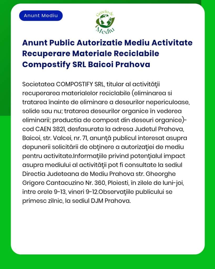 Anunt Public Autorizatie Mediu Activitate Recuperare Materiale Recicla