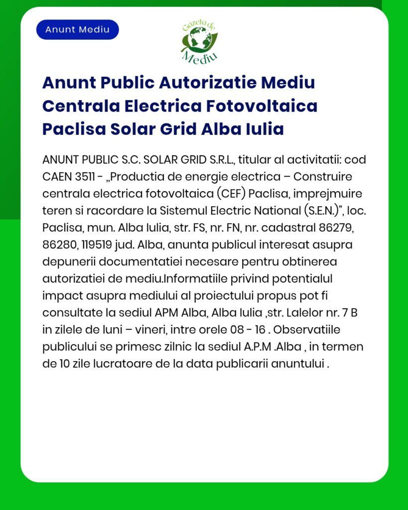 Anunt Public Autorizatie Mediu Centrala Electrica Fotovoltaica Paclisa