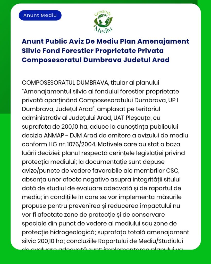 Anunt Public Aviz De Mediu Plan Amenajament Silvic Fond Forestier Prop