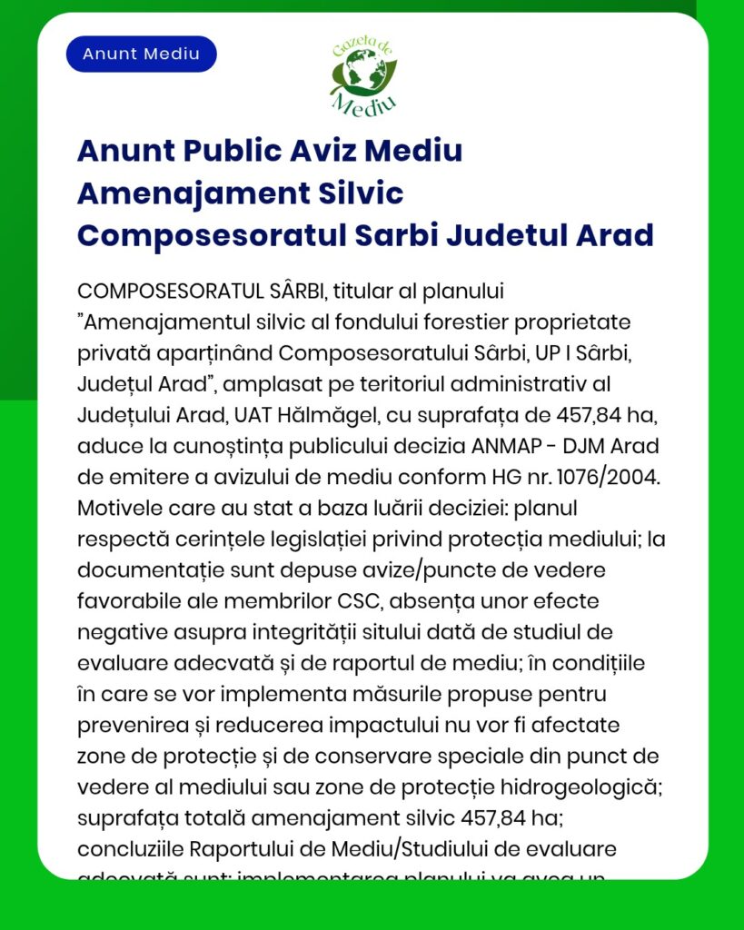 Anunt Public Aviz Mediu Amenajament Silvic Composesoratul Sarbi Judetu