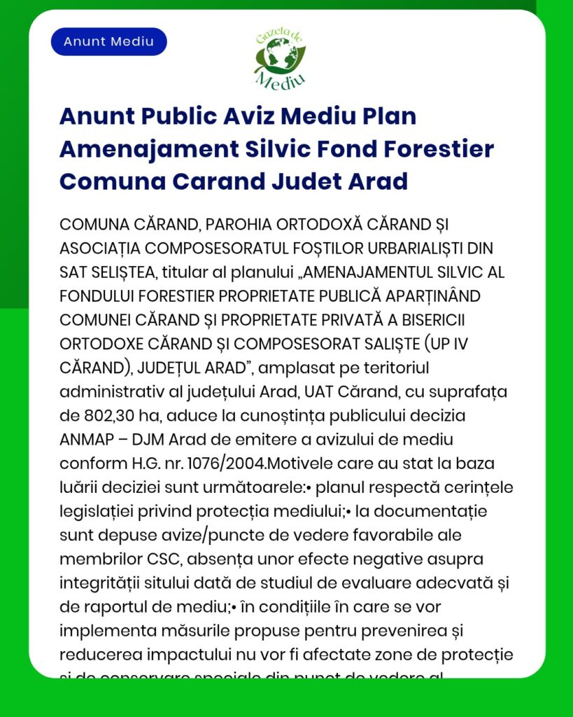 Anunt Public Aviz Mediu Plan Amenajament Silvic Fond Forestier Comuna