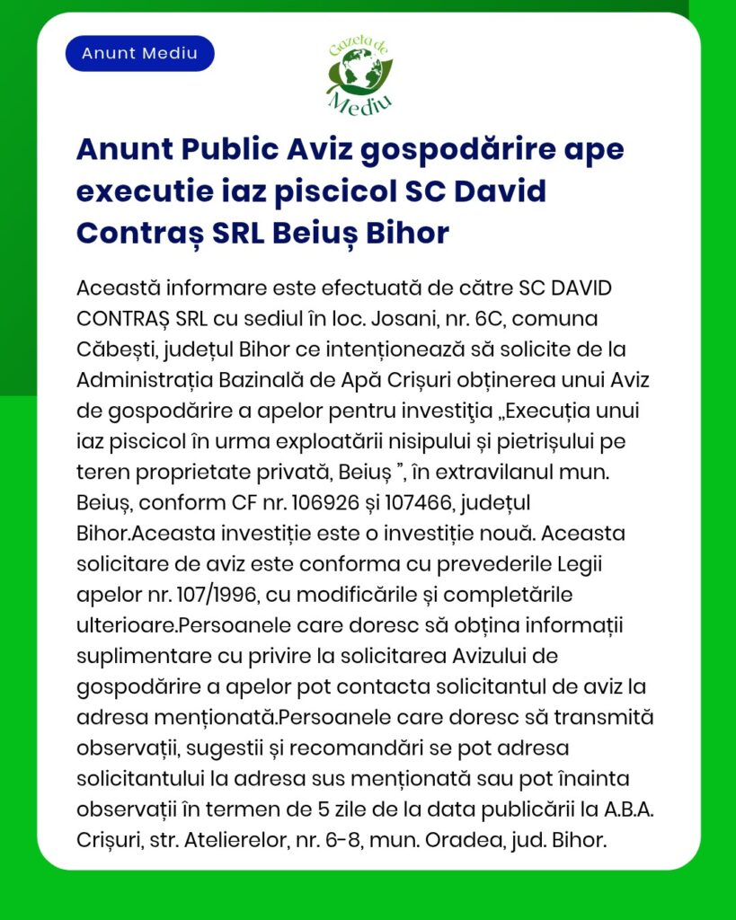 Anunt Public Aviz gospodărire ape executie iaz piscicol SC David Contr