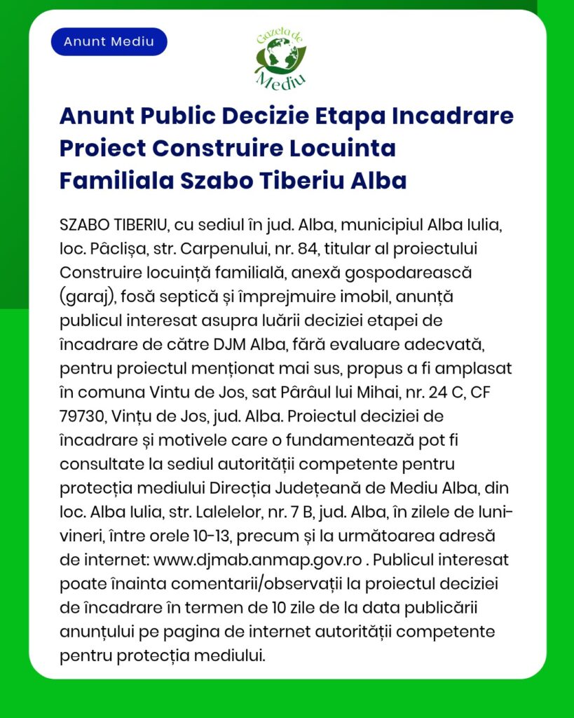 Anunt Public Decizie Etapa Incadrare Proiect Construire Locuinta Famil