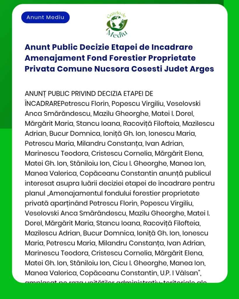 Anunt Public Decizie Etapei de Incadrare Amenajament Fond Forestier Pr
