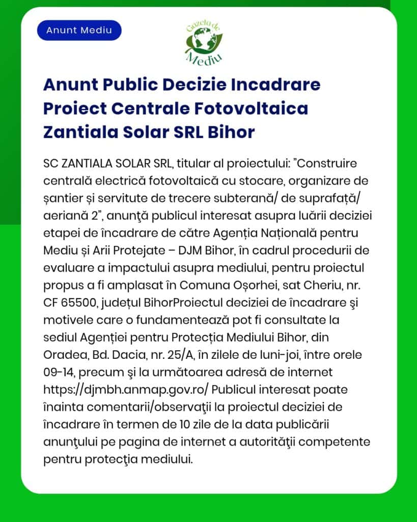 Anunt Public Decizie Incadrare Proiect Centrale Fotovoltaica Zantiala