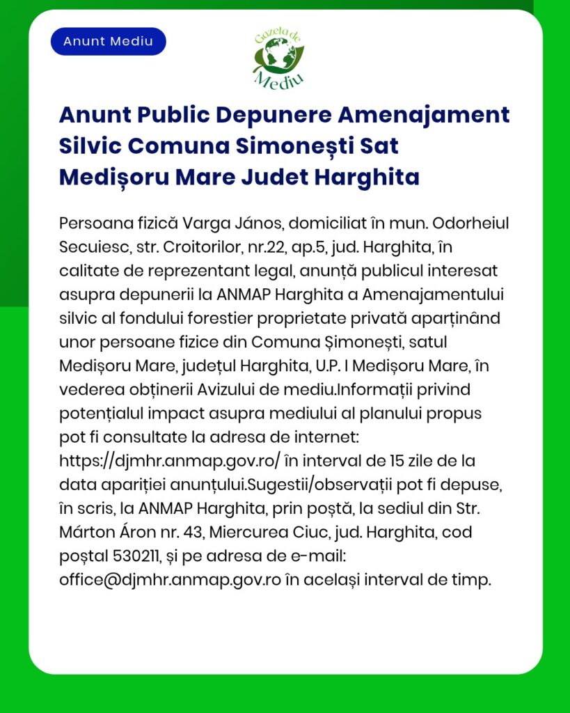 Anunt Public Depunere Amenajament Silvic Comuna Simonești Sat Medișoru