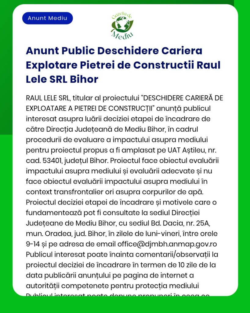 Anunt Public Deschidere Cariera Explotare Pietrei de Constructii Raul