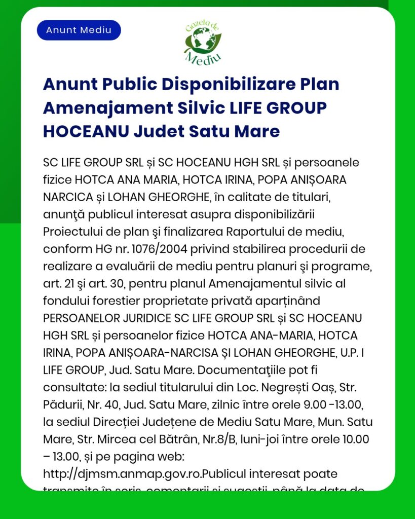 Anunt Public Disponibilizare Plan Amenajament Silvic LIFE GROUP HOCEAN