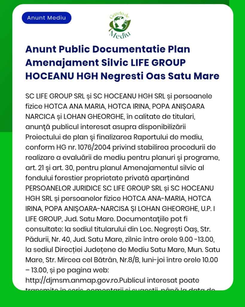 Anunt Public Documentatie Plan Amenajament Silvic LIFE GROUP HOCEANU H