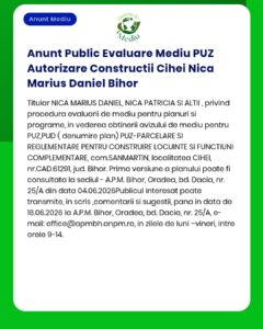 Anunt Public Evaluare Mediu PUZ Autorizare Constructii Cihei Nica Mari