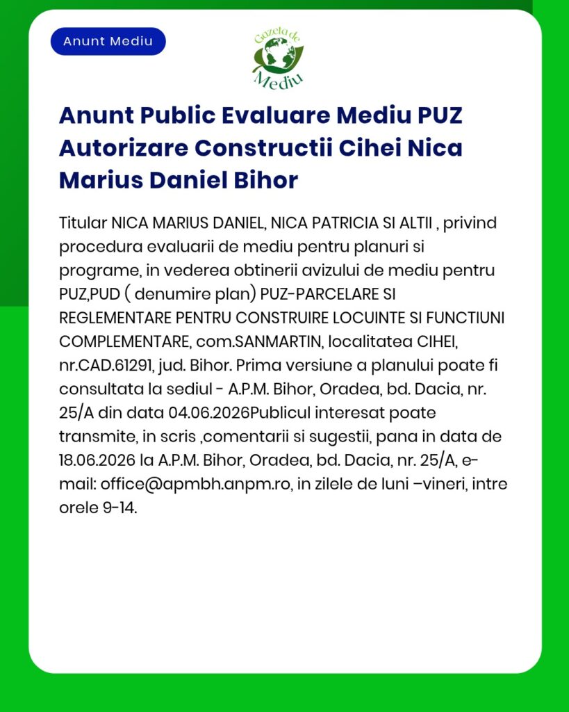 Anunt Public Evaluare Mediu PUZ Autorizare Constructii Cihei Nica Mari
