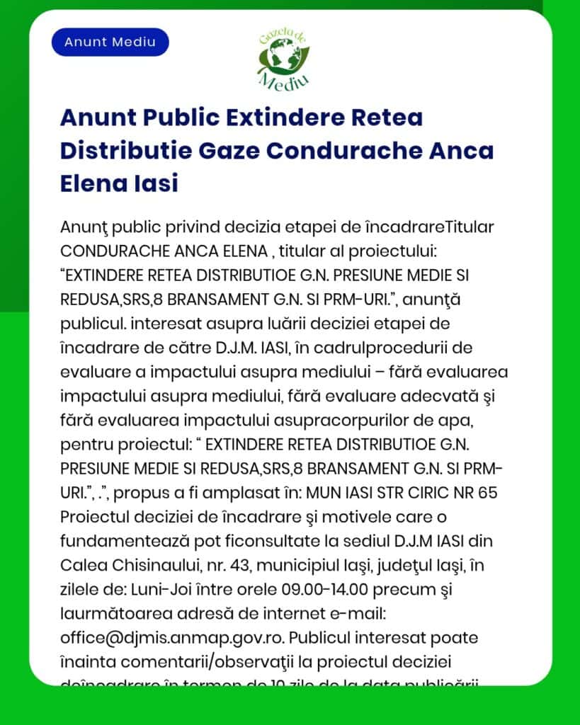 Anunt Public Extindere Retea Distributie Gaze Condurache Anca Elena Ia