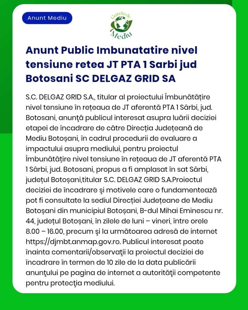 Anunt Public Imbunatatire nivel tensiune retea JT PTA 1 Sarbi jud Boto