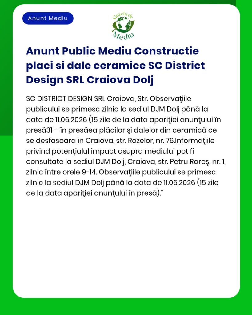 Anunt Public Mediu Constructie placi si dale ceramice SC District Desi