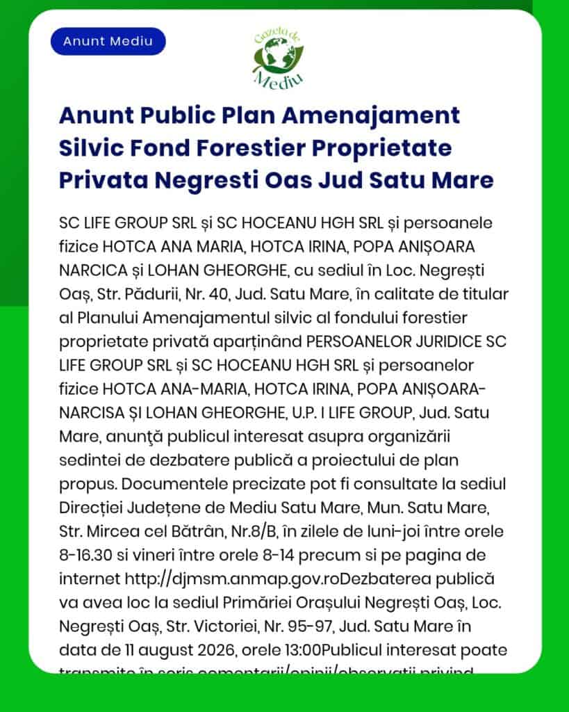 Anunt Public Plan Amenajament Silvic Fond Forestier Proprietate Privat