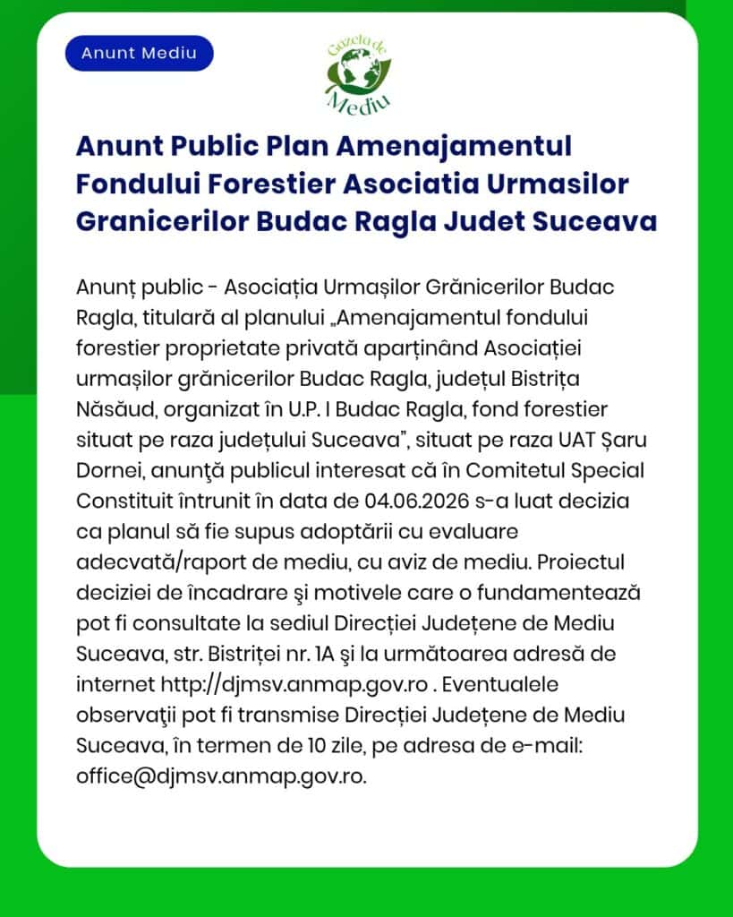Anunt Public Plan Amenajamentul Fondului Forestier Asociatia Urmasilor