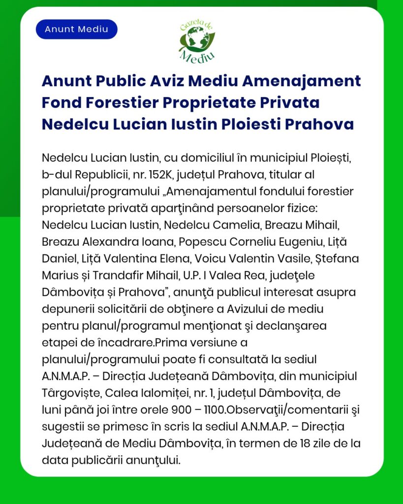 Anunt Public Aviz Mediu Amenajament Fond Forestier Proprietate Privata