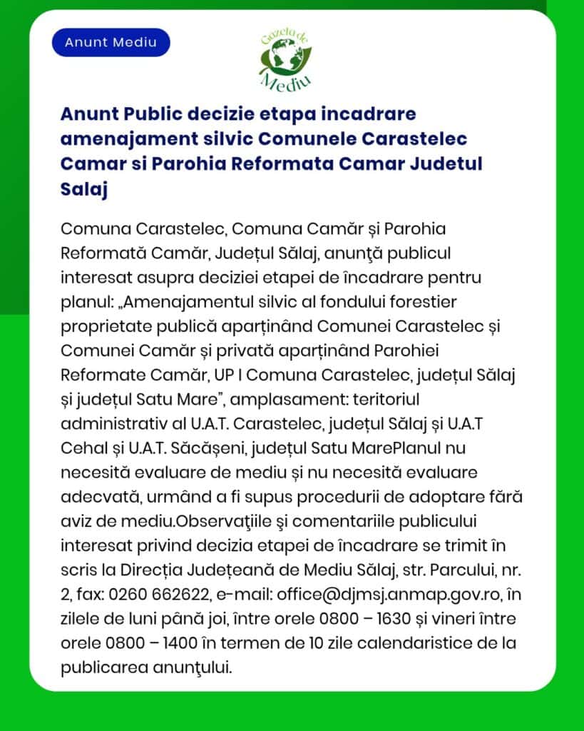 Anunt Public decizie etapa incadrare amenajament silvic Comunele Caras