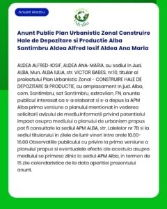 Anunt Public Plan Urbanistic Zonal Construire Hale de Depozitare si Pr