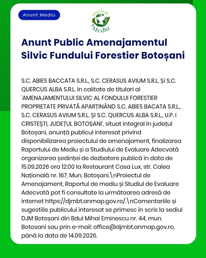 Anunț digital privind planul de gestionare a pădurii publice din Botoșani, cu detalii despre proiect.