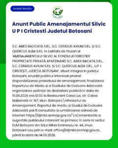 Anunț privind gestionarea pădurilor din județul Botoșani, cu detalii despre APM, interesul public, accesul la documente și data întâlnirii finale.