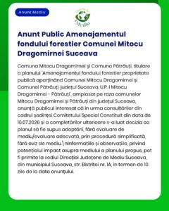 Anunț privind fondul forestier din Mitocu Dragomirnei, Suceava.