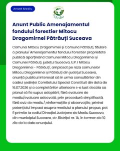 Anunț privind fondul forestier Mitocu Dragomirnei-Pătrăuți, Suceava.
