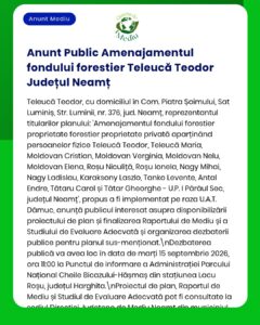 Anunț privind amenajarea fondului forestier Teloeucă Teodor din județul Neamț, cu lista proprietarilor privați implicați și detalii administrative relevante.