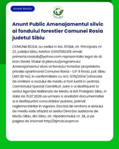 Anunț privind planul de gestionare forestieră pentru Roșia, județul Sibiu.