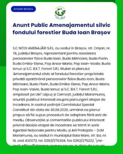 Anunț privind planul de dezvoltare pentru fondul forestier Buda Ioan din Brașov, cu părțile implicate și parcelele aferente.