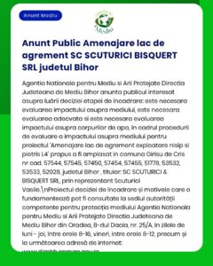 Anunț privind evaluarea de mediu pentru SC SCUTURICI BISQUERT SRL din județul Bihor, cu detalii despre amplasamentele proiectului și procedurile de evaluare.
