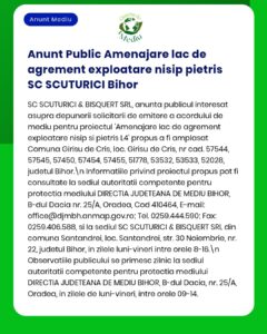 Anunț privind proiectul de exploatare a nisipului și pietrișului în apropierea localității Girișu de Criș, județul Bihor; detalii prezentate de APM.