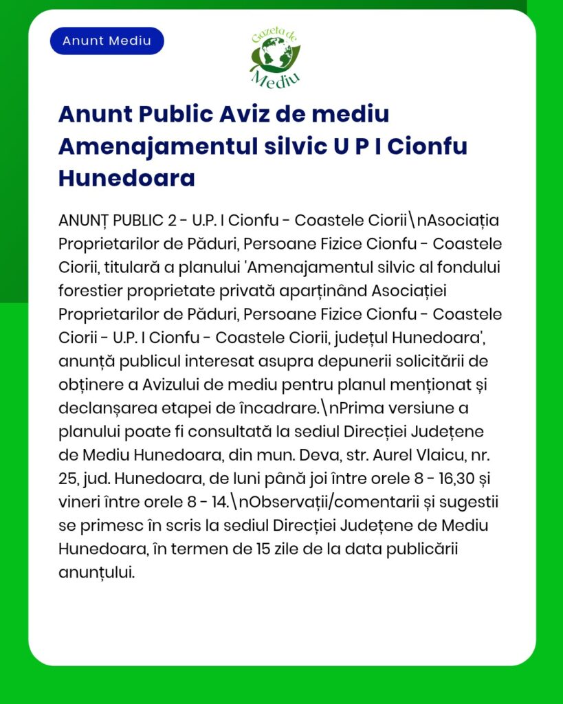Anunț privind un plan de obținere a avizului de mediu pentru pădure.
