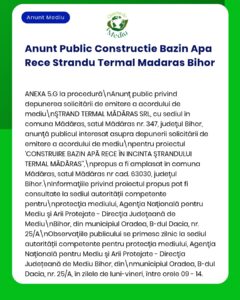 Anunț privind construirea unui rezervor de apă rece la Plaja Madaras, cu informații despre procedură și depunerea cererilor.
