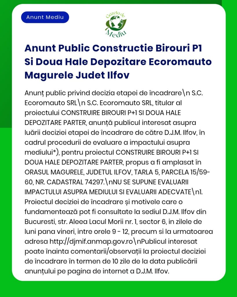 Anunț privind decizia APM referitoare la impactul asupra mediului în urma construirii unui sediu și a două hale de către Ecoromauto în Măgurele, Ilfov.