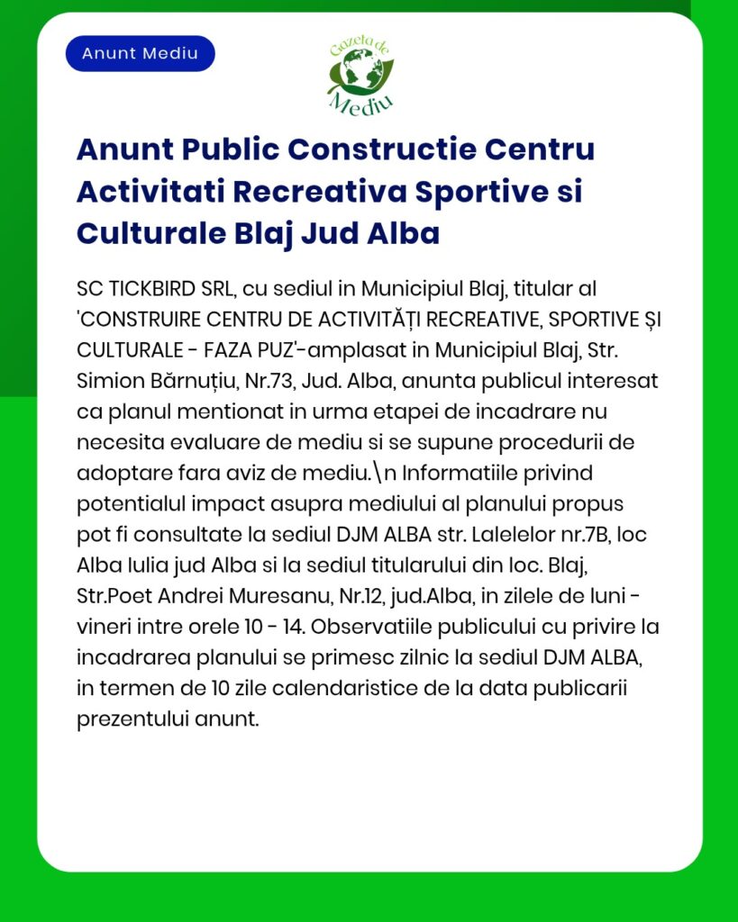 Anunț oficial privind un centru sportiv și cultural planificat în Blaj, județul Alba, cu informații despre procedurile de aprobare a proiectului.