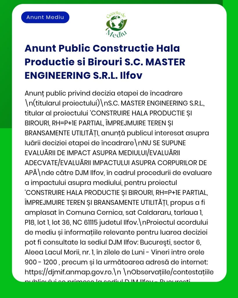 Anunț privind evaluarea impactului asupra mediului pentru un proiect de construcție al S.C. MASTER ENGINEERING S.R.L. din Ilfov.