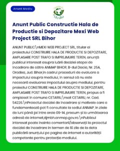 Anunț privind proiectul Mexi Web Project SRL referitor la construcție și depozitare.