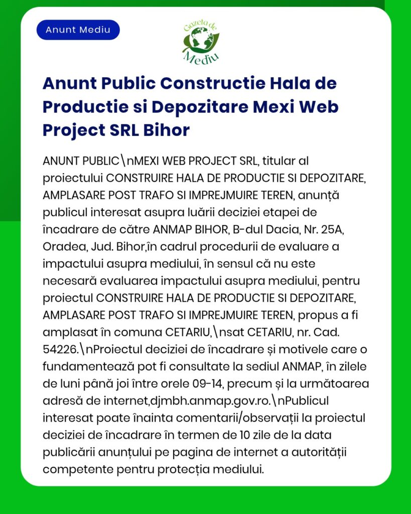 Anunț privind proiectul Mexi Web Project SRL referitor la construcție și depozitare.