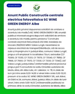 Cerere de autorizație de construire a unei centrale fotovoltaice de 250 MW în Valea Lungă, județul Alba, depusă de SC WINE GREEN ENERGY SRL.