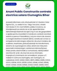 Anunț privind construirea unei centrale solare în Ciumeghiu, județul Bihor, cu detalii tehnice.