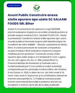 Procedura de evaluare a impactului asupra mediului pentru proiectul stației de epurare a apelor uzate a SC SALAAM FOODS SRL din Bihor, etapele legale.