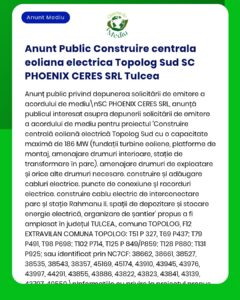 Anunț al APM privind construirea unei centrale eoliene de 186 MW de către Topolog Sud SC PHOENIX CERES SRL în județul Tulcea, România.