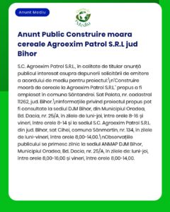 Anunț privind construirea unui depozit de cereale în comuna Sântandrei, județul Bihor, cu detalii despre proiect.