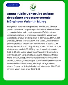 Unitate de depozitare pentru prelucrarea cerealelor, proiectată în județul Mureș, România, cu locația și programul de funcționare propuse.