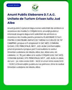 Depunerea la APM a cererii de autorizație de mediu pentru o unitate turistică de cazare din Crisan Iuliu, județul Alba.