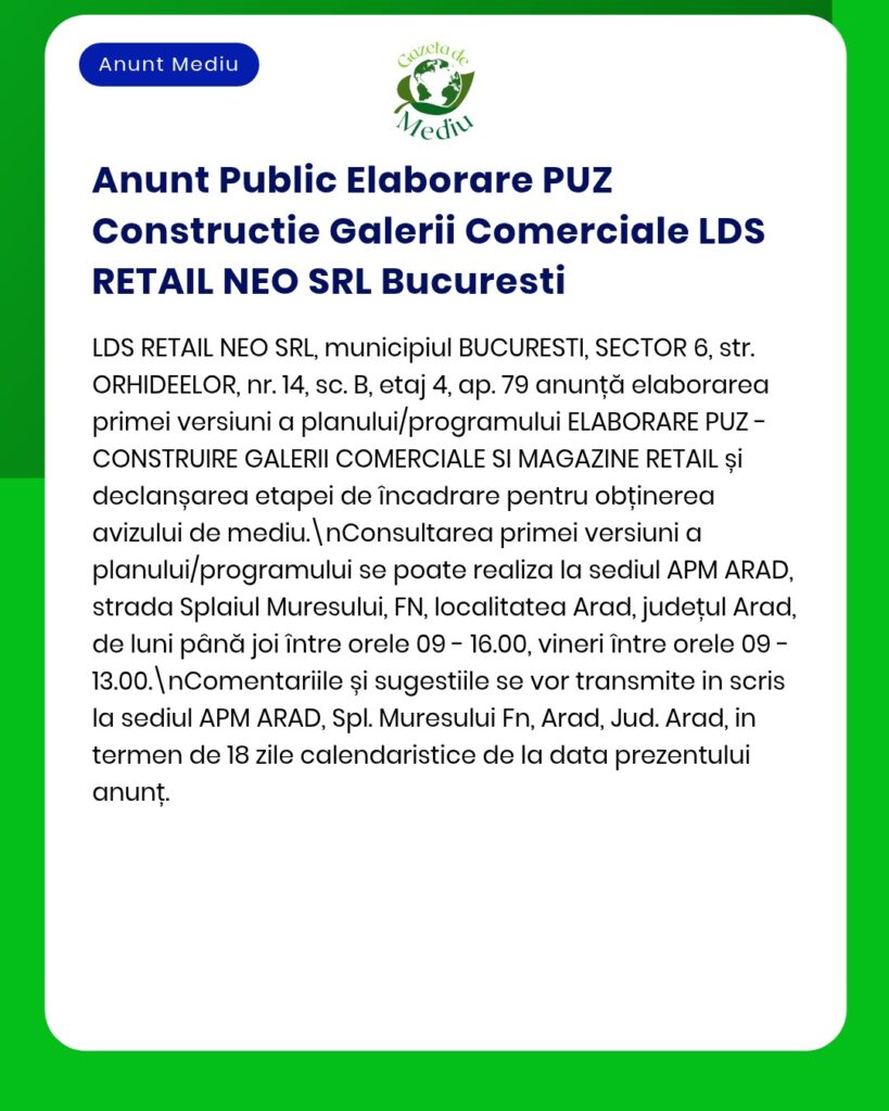 Anunț privind elaborarea unui plan de dezvoltare a unui centru comercial în București.