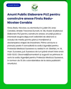 Anunț informativ privind publicarea unui plan de urbanism general (PUZ), cu informații despre locul unde poate fi consultată documentația în Suceava.